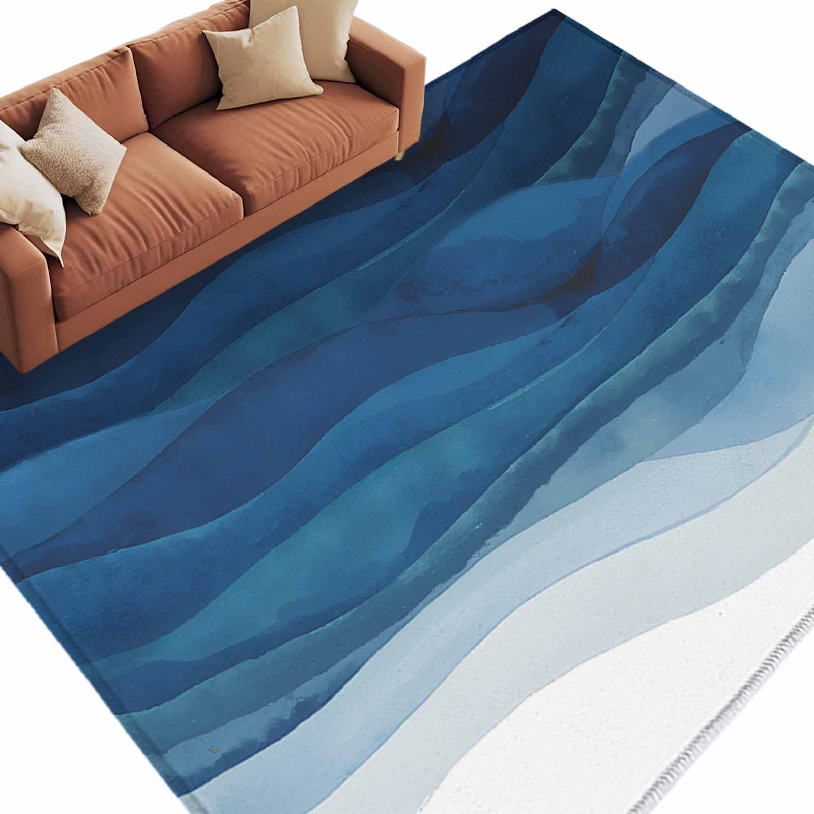 Abstract Ocean Waves Area Rug 5x8ft Blue Gradient Non-Slip Washable ...