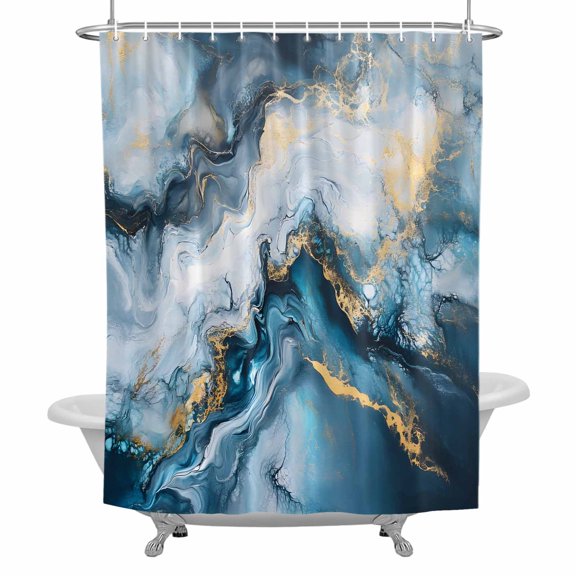Abstract Ocean Waves Bathroom Shower Curtain, Gradient Gold Blue Sea Art Waterproof Washable Soft Bath Curtain for Bathtub Decor with 12 Hooks&Grommet, 36x72 Inch