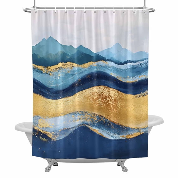 Abstract Ocean Waves Bathroom Shower Curtain, Gradient Teal Gold Mountain Art Waterproof Washable Soft Bath Curtain for Bathtub Decor with 12 Hooks&Grommet, 66x72 Inch