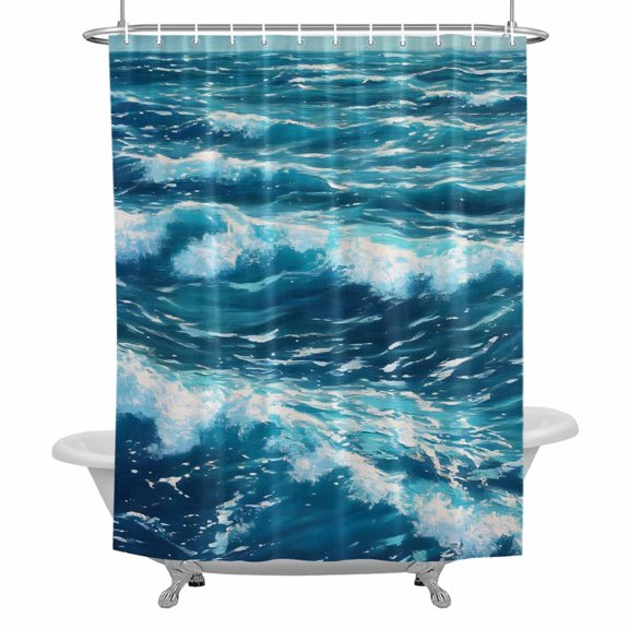 Abstract Ocean Waves Bathroom Shower Curtain, Impressionist Blue Marine Waterproof Washable Soft Bath Curtain for Bathtub Decor with 12 Hooks&Grommet, 36x72 Inch