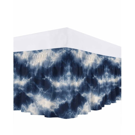 Abstract Ocean Waves Bed Skirt Queen Size 18" Drop Dark Blue Rainstorm Modern Ruffled Wrap Around Bed Skirts Adjustable Elastic Bedskirt Dust Ruffle for Queen Size Bed