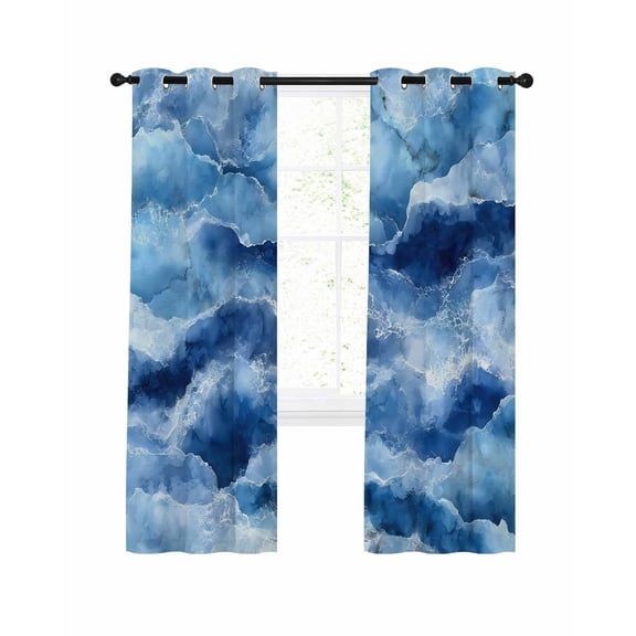 Abstract Ocean Waves Blackout Curtains for Bedroom Living Room, Blue Marble Texture Coastal Luxury Decor 84 In Long Thermal Insulated Room Darkening Drapes Grommet Window Treatments, 52 x 84 In