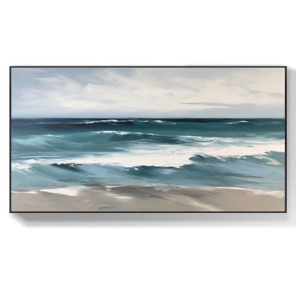 Abstract Ocean Waves Canvas Painting Original Blue Ocean Canvas Art Modern Seascape Wall Art Decor for Living Room Office,Unstretched,Frameless,(81*162cm)32*64Inches