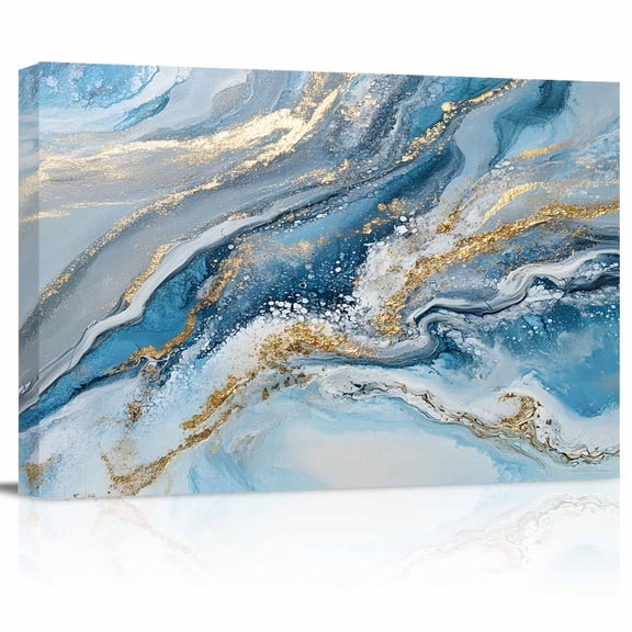 Abstract Ocean Waves Canvas Print Wall Art Gradient Blue Gold Sea Art Pictures Painting Morden Artwork for Living Room Bedroom, Ready to Hang - 12"x16"