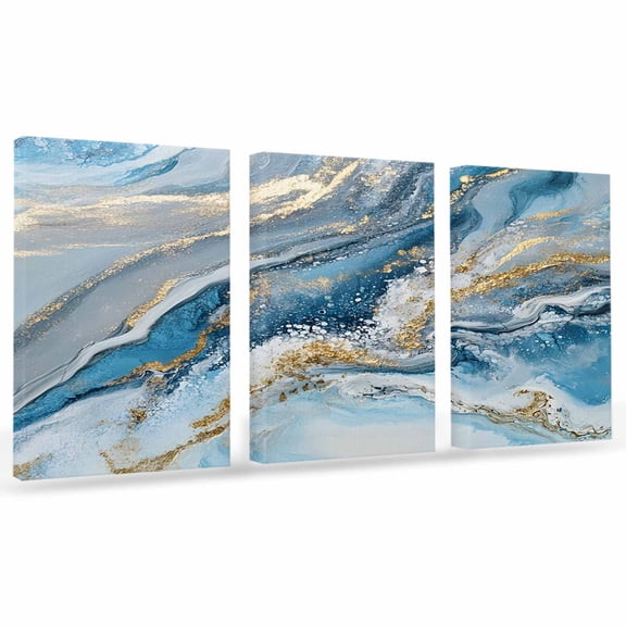 Abstract Ocean Waves Canvas Wall Art 3 Panels, Gradient Blue Gold Sea Art Framed Wall Decor Modern Artwork Prints Painting for Living Room, Bedroom, Kitchen & Cafe Decor 20" x 24"