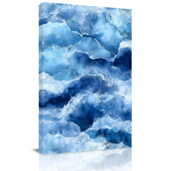 Abstract Ocean Waves Canvas Wall Art for Living Room, Blue Marble Texture Coastal Luxury Decor Wall Decor Framed Artwork Pictures Ready to Hang for Bedroom Office Home Decor