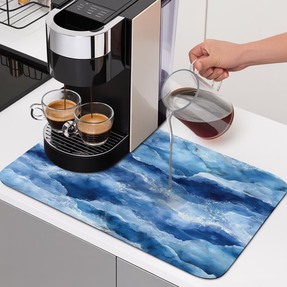 Abstract Ocean Waves Dish Drying Mats for Kitchen Counter, Blue Marble Texture Coastal Luxury Decor Absorbent Coffee Bar Mat with Non-slip Rubber Backed Quick Drying Dish Rack Pad 12"x16"