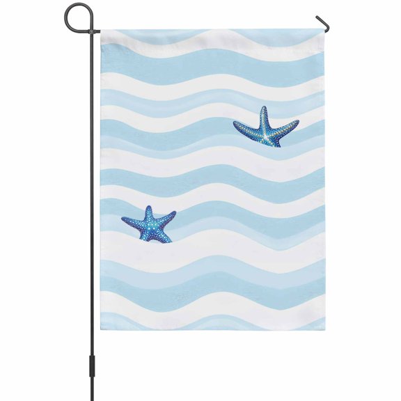 Abstract Ocean Waves Garden Flag 12 x 18 Inches, Nautical Starfish Blue White Stripes Weather Proof Outdoor Patio Flags Double Sided Small Garden Decoration for Yard Outside Home