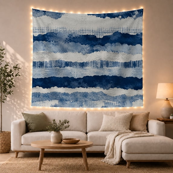 Abstract Ocean Waves with Horizontal Blue Bands on Cream Background, Serene Watercolor for Art Lovers, Modern Living Room Wall Decor, Housewarming Gift, Tapestry Wall Hanging for Bedroom and Dorm