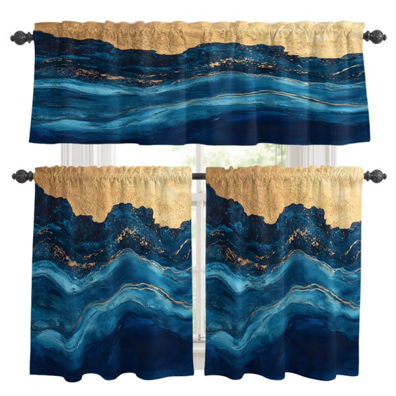 Abstract Ocean Waves Kitchen Curtains Set for Windows, Gradient Deep Blue Gold Mountain Art Curtains Valance and Tier 3 Piece Set Small Drapes 36 Inch Length for Kitchen Bedroom Decor