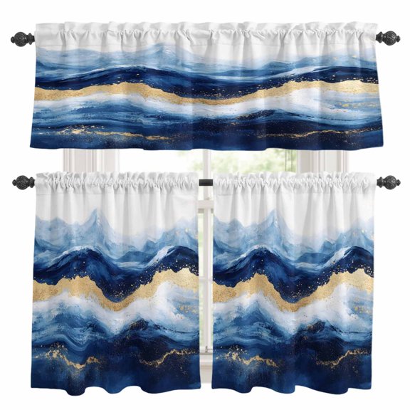 Abstract Ocean Waves Kitchen Curtains Set for Windows, Gradient Gold Deep Blue Mountain Art Curtains Valance and Tier 3 Piece Set Small Drapes 24 Inch Length for Kitchen Bedroom Decor