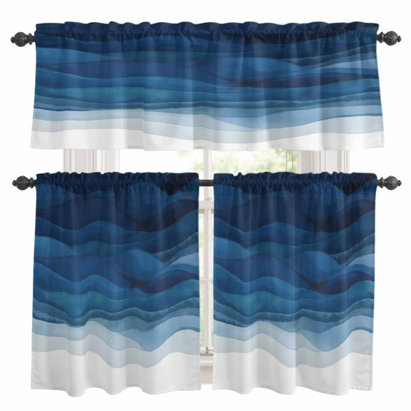 Abstract Ocean Waves Kitchen Curtains Valances and Tiers Set of 3 Blue Gradient Tier Curtains and Valance with Rod Pocket for Small Windows, 27.5"x24"