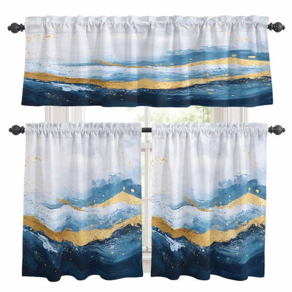 Abstract Ocean Waves Kitchen Curtains Valances and Tiers Set of 3 Gradient Gold Blue Scenery Art Tier Curtains and Valance with Rod Pocket for Small Windows, 27.5"x36"