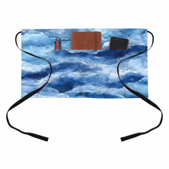 Abstract Ocean Waves Kitchen Restaurant Half Waist Apron, Blue Marble Texture Coastal Luxury Decor Server Short Apron with 3 Pockets Waterproof Oil Waist Aprons for Women Waitress Waiter