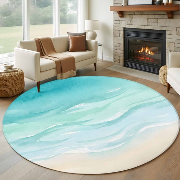 Abstract Ocean Waves Large Round Rug 7Ft Coastal Modern Beach Turquoise Circle Area Rugs Washable Non Slip Indoor Floor Mats Carpet for Living Room Bedroom Dining Room Home Decor