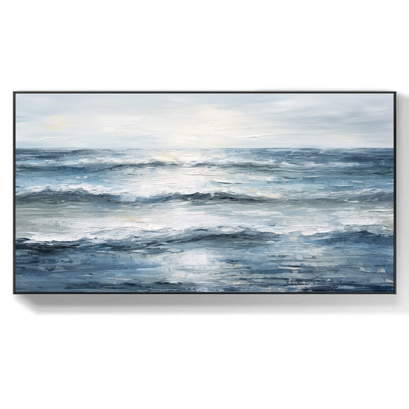 Abstract Ocean Waves Painting White Waves Textured Seascape Large Coastal Canvas Gray Beach Seascape Artwork for Living Room,Unstretched,Frameless,(41*61cm)16*32Inches