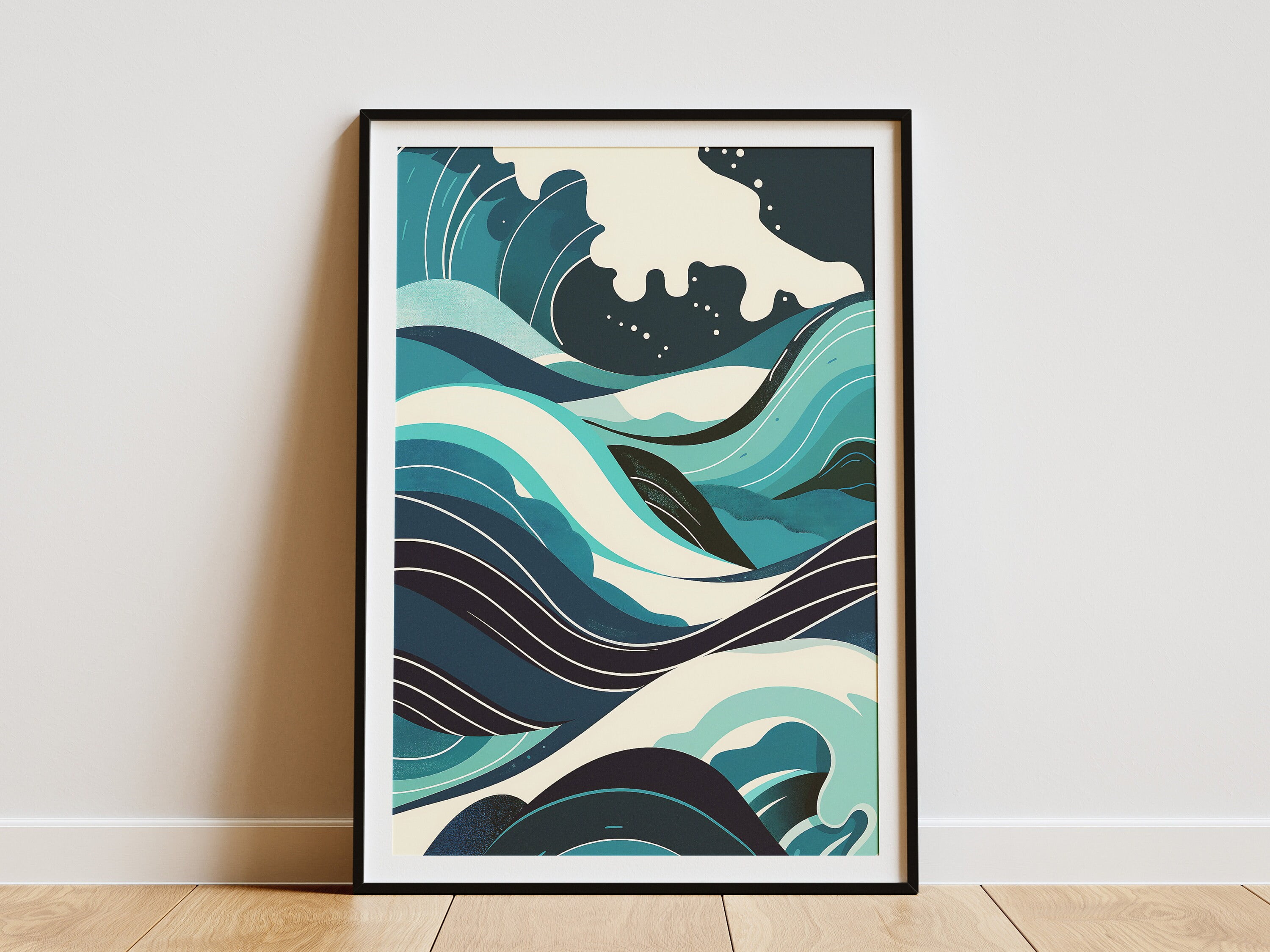 Abstract Ocean Waves Poster Minimalist Wall Art Modern Blue Green