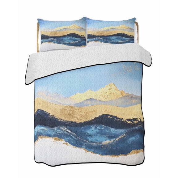 Abstract Ocean Waves Quilts Bedding Set Queen Size Gradient Gold Blue Mountain Art Lightweight Quilted Bedspread 3 Piece Bed Quilt with 2 Pillow Shams All Season for Bedroom 78" x 90"