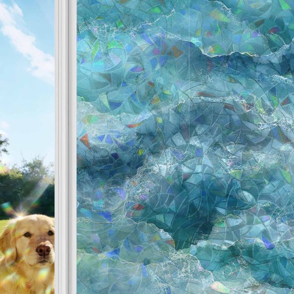 Abstract Ocean Waves Rainbow Window Privacy Film, Teal Green Marble Texture Coastal Luxury Decor Stained Glass Window Film, Sun Blocking Glass Clings Non Adhesive Door Stickers 19.6 x 39.3 Inches