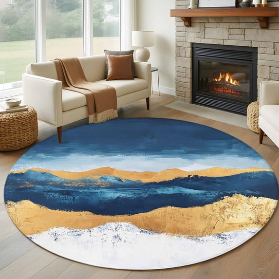 Abstract Ocean Waves Round Rugs for Living Room 5ft Gradient Gold Blue Landscape Art Non Slip Circle Rug Washable Low-Profile Indoor Carpet for Bedroom, Dining Room, Bathroom