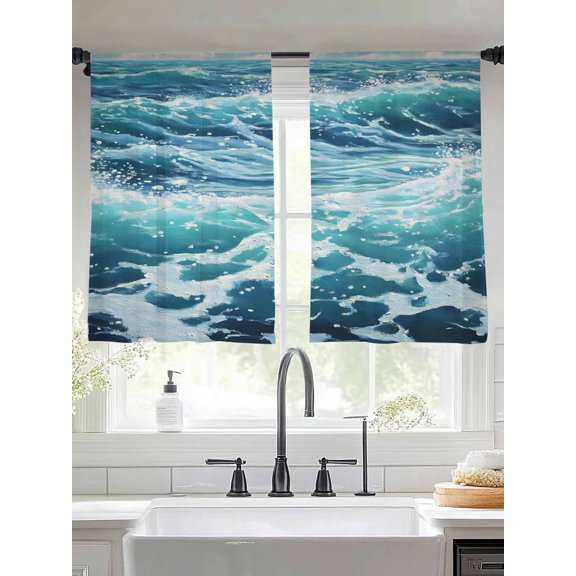 Abstract Ocean Waves Sheer Curtains 45 Inches Long 2 Panels Modernism Blue Marine Light Filtering Semi Sheer Window Curtains Drapes for Bedroom Living Room 52"x45"