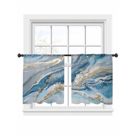 Abstract Ocean Waves Sheer Curtains 54 Inch Long 2 Panels, Gradient Blue Gold Sea Art Light Filtering Rod Pocket Curtains, Sheer Voile Drapes for Living Room Bedroom, 52"x54"