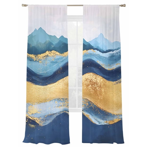 Abstract Ocean Waves Sheer Curtains 84 Inch Long 2 Panels, Gradient Teal Gold Mountain Art Light Filtering Rod Pocket Curtains, Sheer Voile Drapes for Living Room Bedroom, 52"x84"