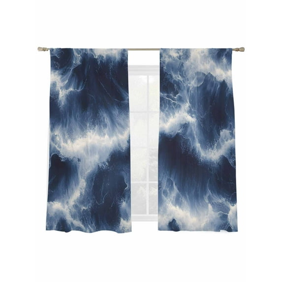 Abstract Ocean Waves Sheer Curtains for Living Room Bedroom, Light-filtering Sheer Curtain, Dark Blue Sea Rod Pocket Voile Window Treatment Drapes, 52’’Wx72’’L, 2 Panels Set