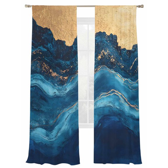 Abstract Ocean Waves Sheer Curtains for Living Room Bedroom, Light-filtering Sheer Curtain, Gradient Deep Blue Gold Mountain Art Rod Pocket Voile Window Treatment Drapes, 52’’Wx84’’L, 2 Panels Set