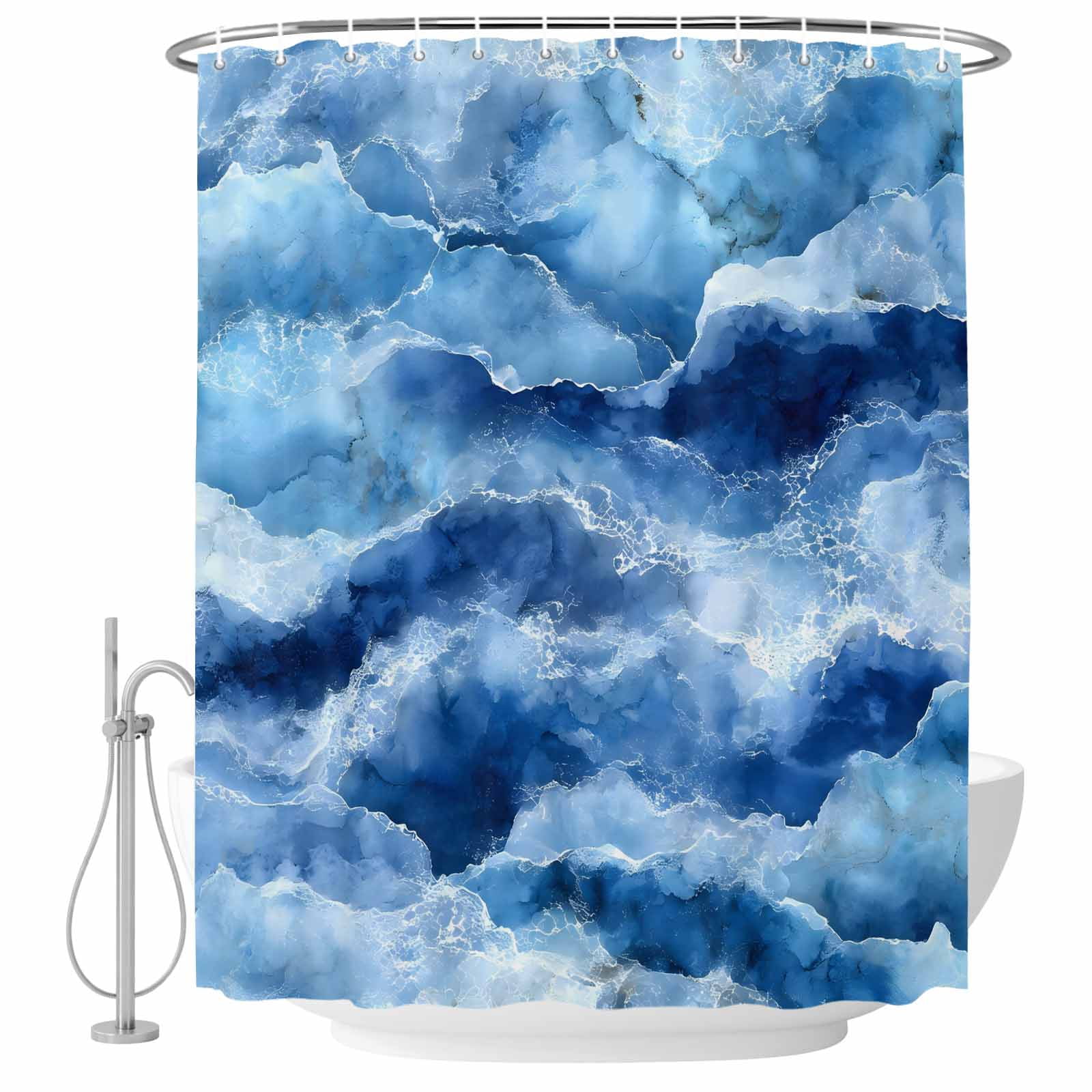 Abstract Ocean Waves Shower Curtain Set with Hooks, Blue Marble Texture ...