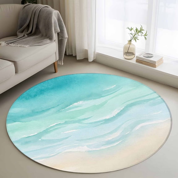 Abstract Ocean Waves Small Round Rug 3Ft Coastal Modern Beach Turquoise Area Rugs Washable Non Slip Indoor Floor Mats Circle Carpet for Living Room Bedroom Dining Room Home Decor