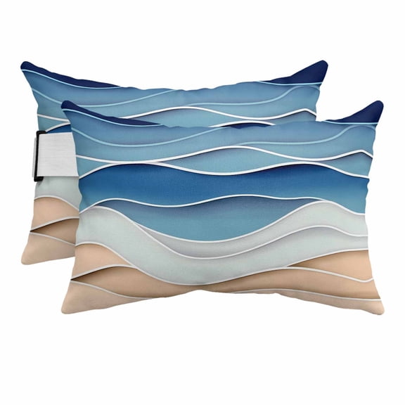 Abstract Ocean Waves Stripes Outdoor Pillow for Chaise Lounge Chair,Blue Gradient Water Ripples Waterproof Headrest Lumbar Pillows with Insert&Elastic Strap for Patio Pool Garden Chairs Decor,2 Pack