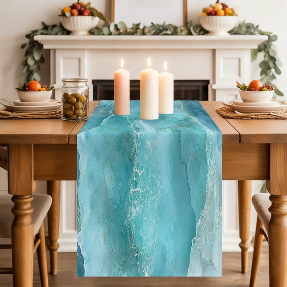 Abstract Ocean Waves Table Runner, Teal Green Marble Texture Coastal Luxury Decor Washable Cotton-linen Table Runners Dining Kitchen Decoration for Everyday Home Wedding Party Decor, 13 x 36 Inch