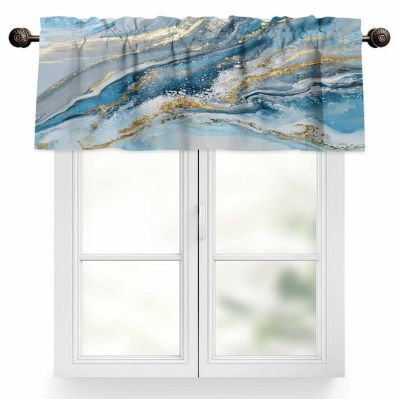 Abstract Ocean Waves Valances for Windows, 54 x 18in, Gradient Blue Gold Sea Art Rod Pocket Kitchen Valance Curtain Light Filtering Window Treatments for Living Room Bedroom, 1 Panel