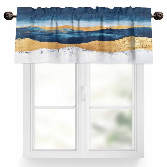 Abstract Ocean Waves Valances for Windows, 60 x 18in, Gradient Gold Blue Landscape Art Rod Pocket Kitchen Valance Curtain Light Filtering Window Treatments for Living Room Bedroom, 1 Panel