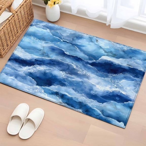 Abstract Ocean Waves Washable Area Rug 2 x 3 ft Blue Marble Texture Coastal Luxury Decor , Soft Non Slip Rugs Stain Repellent Indoor Felt Carpet for Living Dining Room Bedroom Home Office