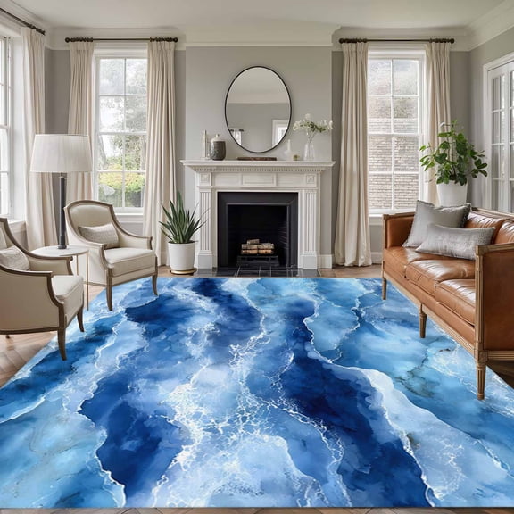 Abstract Ocean Waves Washable Area Rug 8 x 10 ft Blue Marble Texture Coastal Luxury Decor , Soft Non Slip Rugs Stain Repellent Indoor Felt Carpet for Living Dining Room Bedroom Home Office