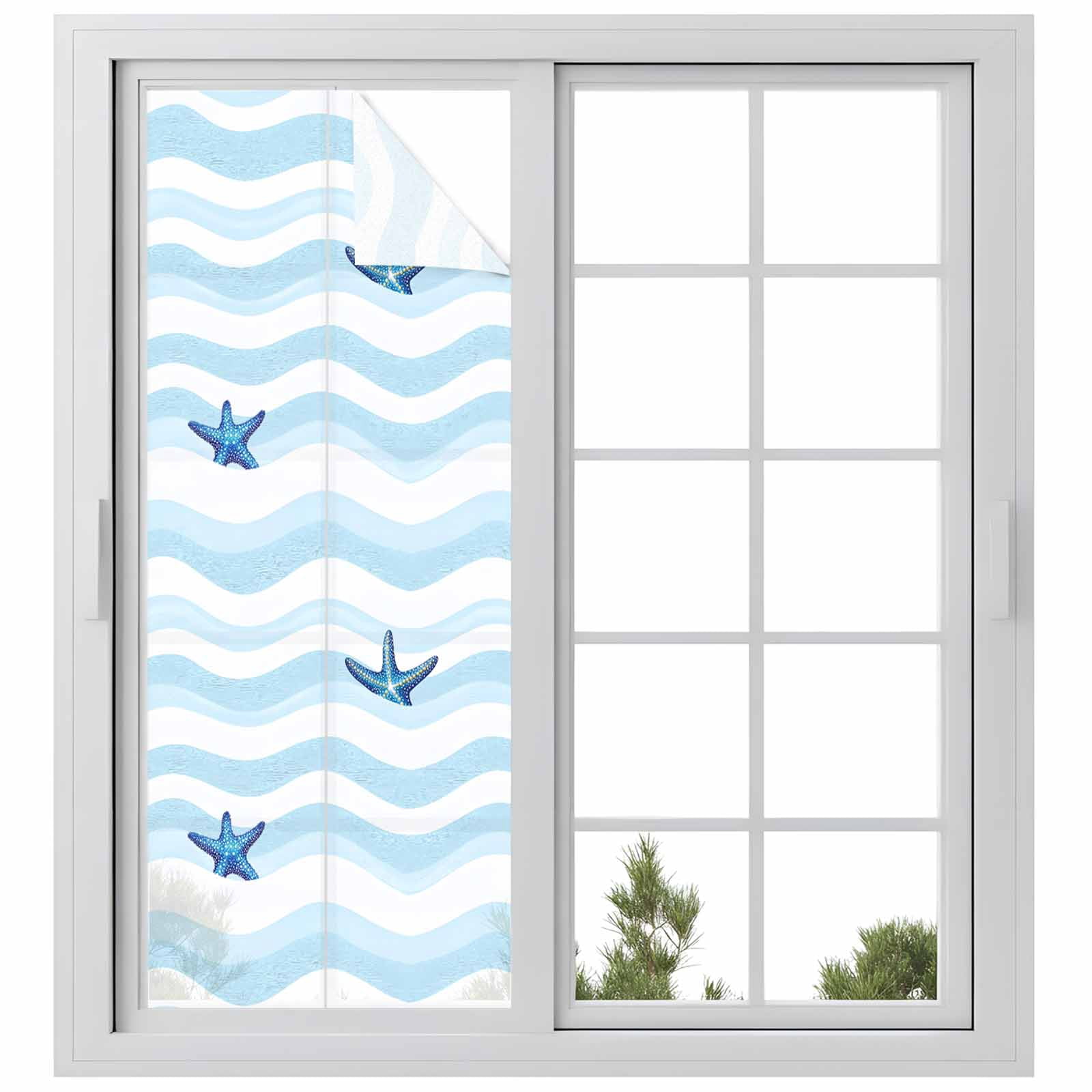 Abstract Ocean Waves Window Privacy Film, Nautical Starfish Blue White Stripes Frosted Glass Window Clings Static Cling UV Heat Blocking Reusable Door Sticker for Bathroom 23.6 x 59 Inch