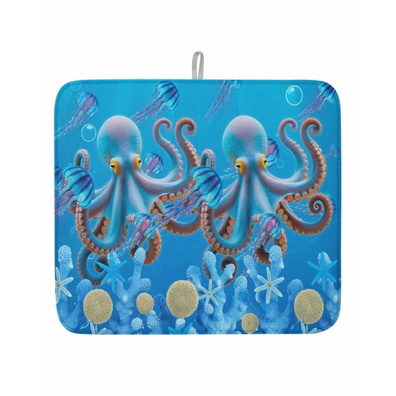 Abstract Oceans Blue Octopus Dish Drying Mats for Kitchen Counter,Absorbent Microfiber Dish Drainer Rack Mat Corals Jellyfish Drying Pad for Sinks,Utensils,Countertops,16x18in