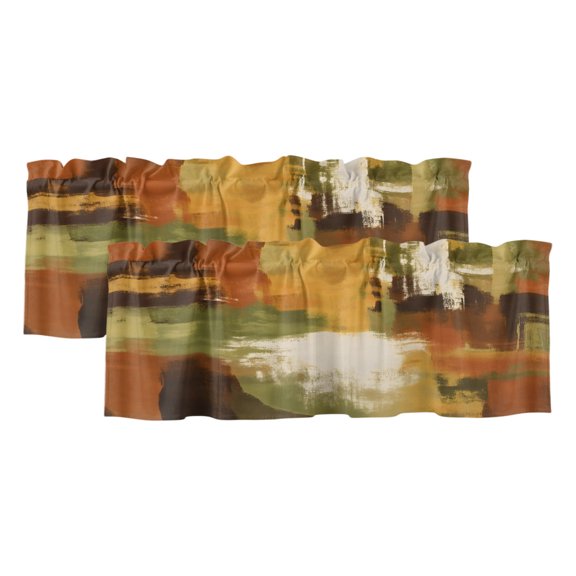 Abstract Ochre Green Valances for Window 2 Pack, Vintage Pigment Layer Scraper Splatter Rod Pocket Curtains Valances Light Filtering Short Curtains for Kitchen Bedroom Bathroom 42 x 18 Inch