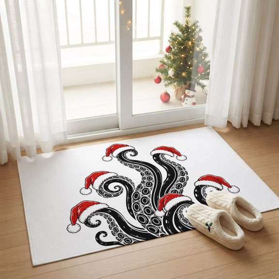 Abstract Octopus Festive Whimsy Rectangle Area Rug 2x3ft,Living Room Rug Non-Slip Washable Rugs Pad,Red Christmas Hat Soft Floor Carpet for Bedroom Dining Room
