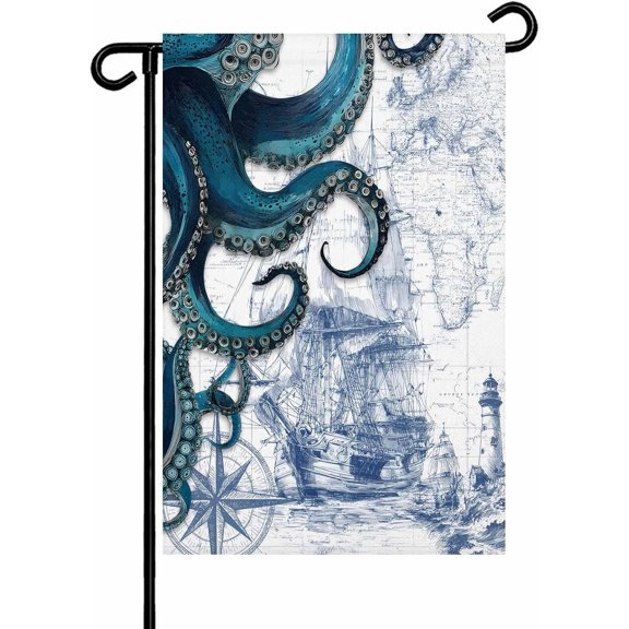 Abstract Octopus Garden Flag 12x18 Inch Vintage Green Octopus Touches Sailing Boat Double Sided Yard Flags for Outdoor Decoration Welcome Flag Outside Holiday Home Garden Porch lawn Patio Sign