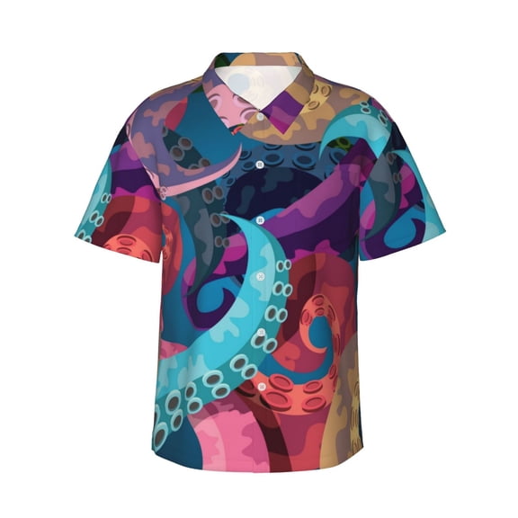 Abstract Octopus Kraken Hawaiian Shirts For Men, Summer Short-Sleeve Relaxed-Fit Button-Down Shirts Small