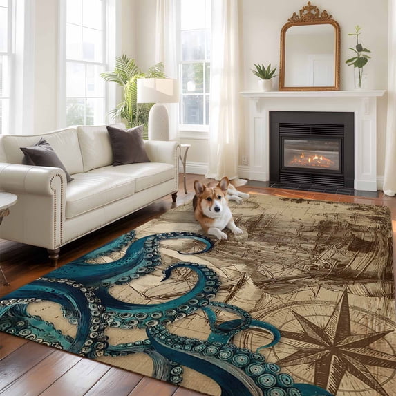 Abstract Octopus Large Area Rugs 8x10 ft Vintage Green Octopus Touches Sailing Boat Retro Washable Rug Non Slip Indoor Carpet Absorbent Floor Mat for Living Room Bedroom Dining Room