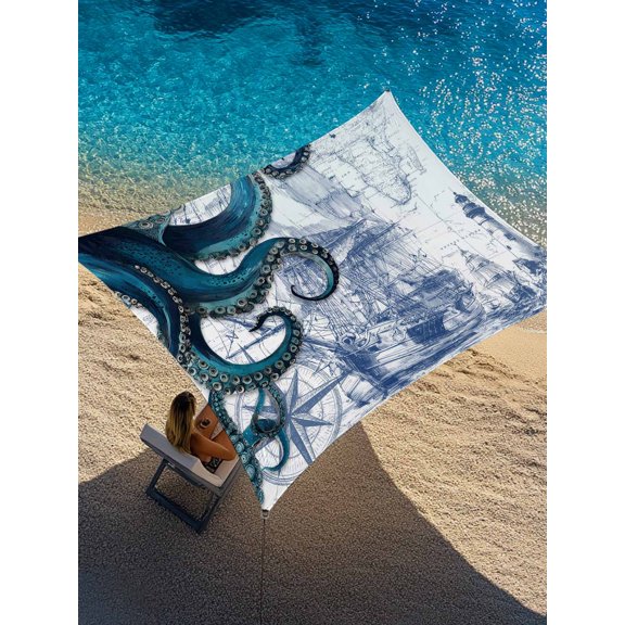 Abstract Octopus Sun Shade Sail 8' x 10', Vintage Green Octopus Touches Sailing Boat Rectangle Outdoor Sunshade Canopy, Waterproof UV Block Patio Covers for Garden Yard Beach