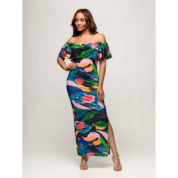 Abstract Off Shoulder Ruffle Maxi Dress