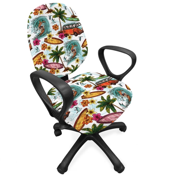 Abstract Office Chair Slipcover, Surf Themed Vibrant Image Vintage Van and Flower Arrangement Seagulls Action Hobby, Stretch Decorative Fabric Cover, Standard Size, Multicolor, by Ambesonne