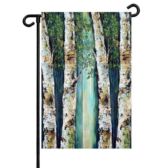 Abstract Oil Garden Flag 12x18 Inch Vintage Painting Trees Green Leaf White Trunk Wood Grain Double Sided Small Decorative Garden Flags for Outside, Outdoor Yard Porch Lawn Decoration