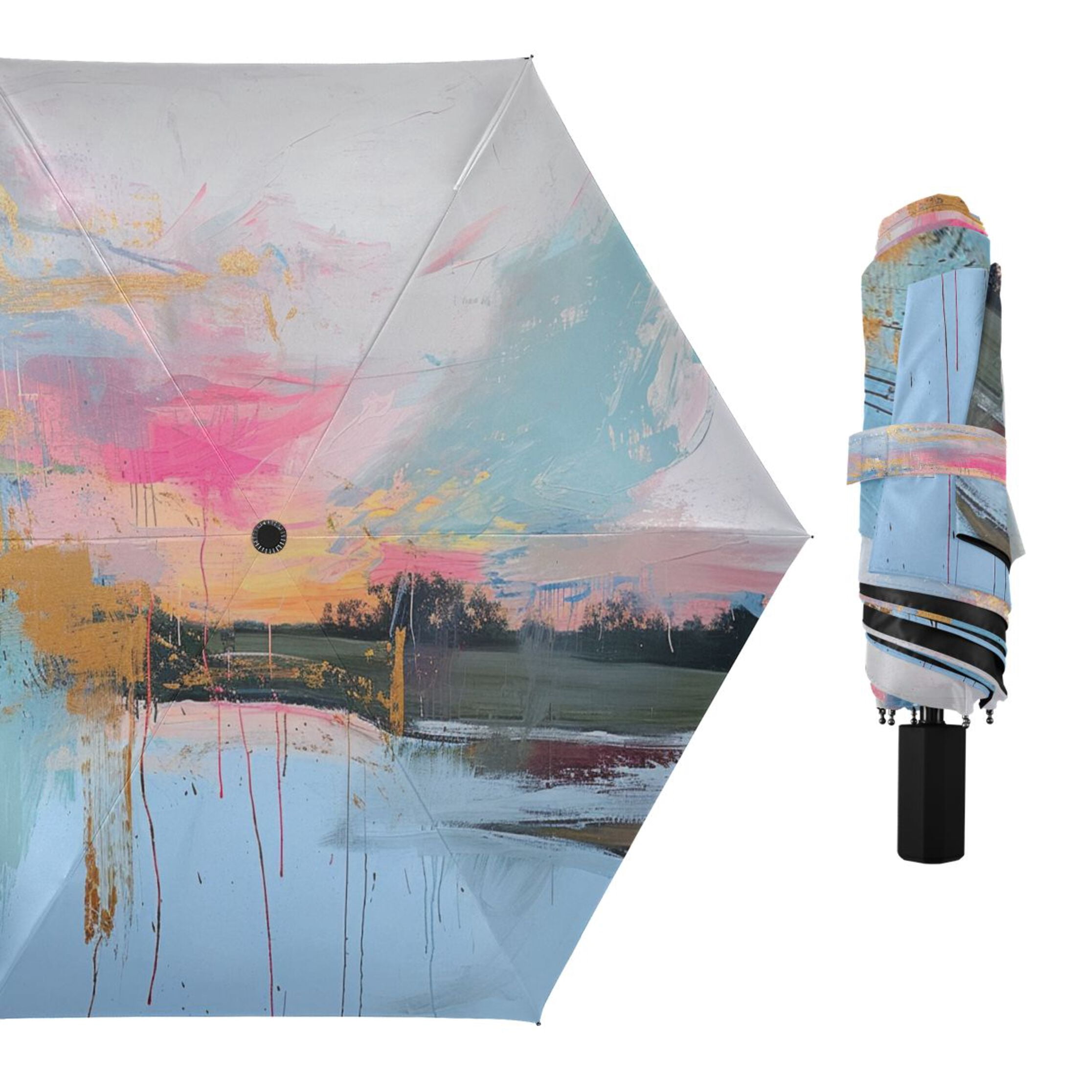 Abstract Oil Landscape Compact Sun Umbrella Windproof Travel Umbrellas for Rain Strong Portable UV Protection