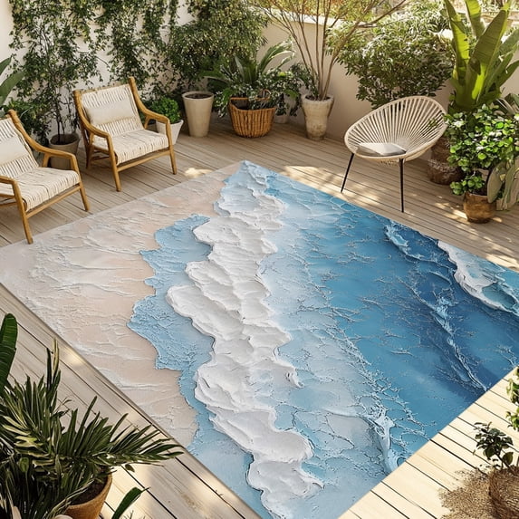 Abstract Oil Outdoor Rug, Painting Style Blue Beige Gradient Wave Beach ...